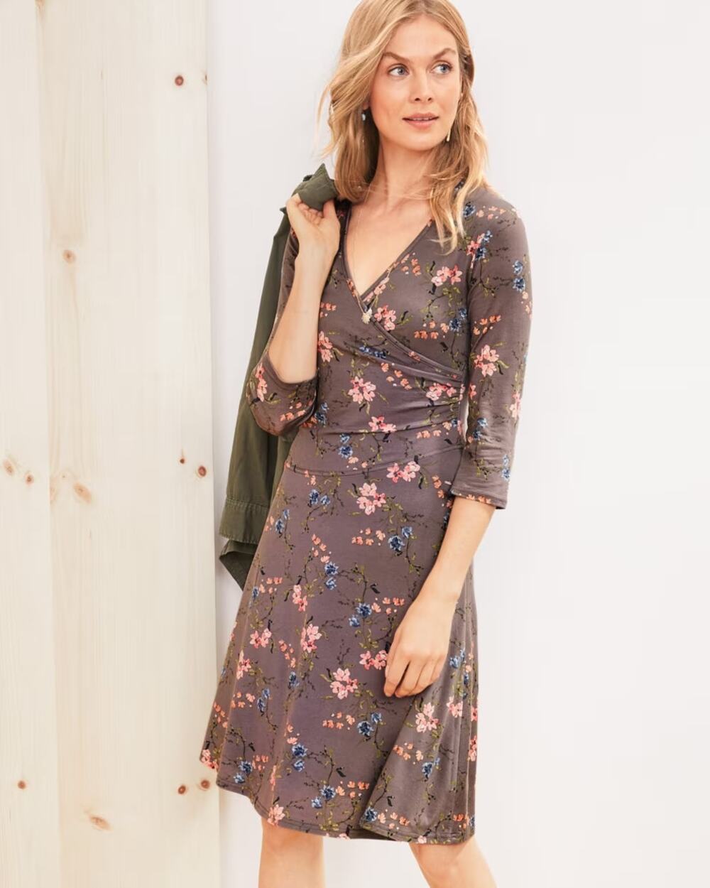 Garnet Hill Brianna Surplice Knit Dress large brown floral pink wrap